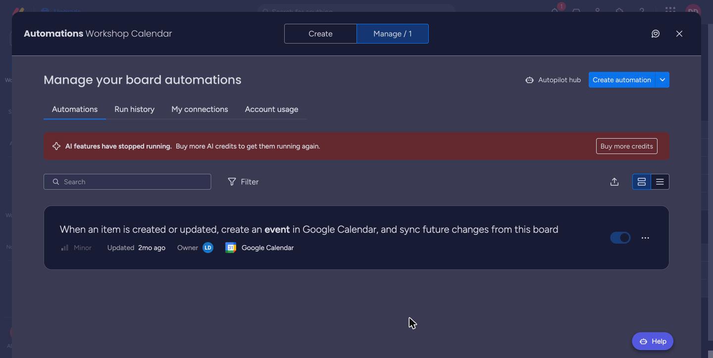 Automations panel with the Google Calendar sync